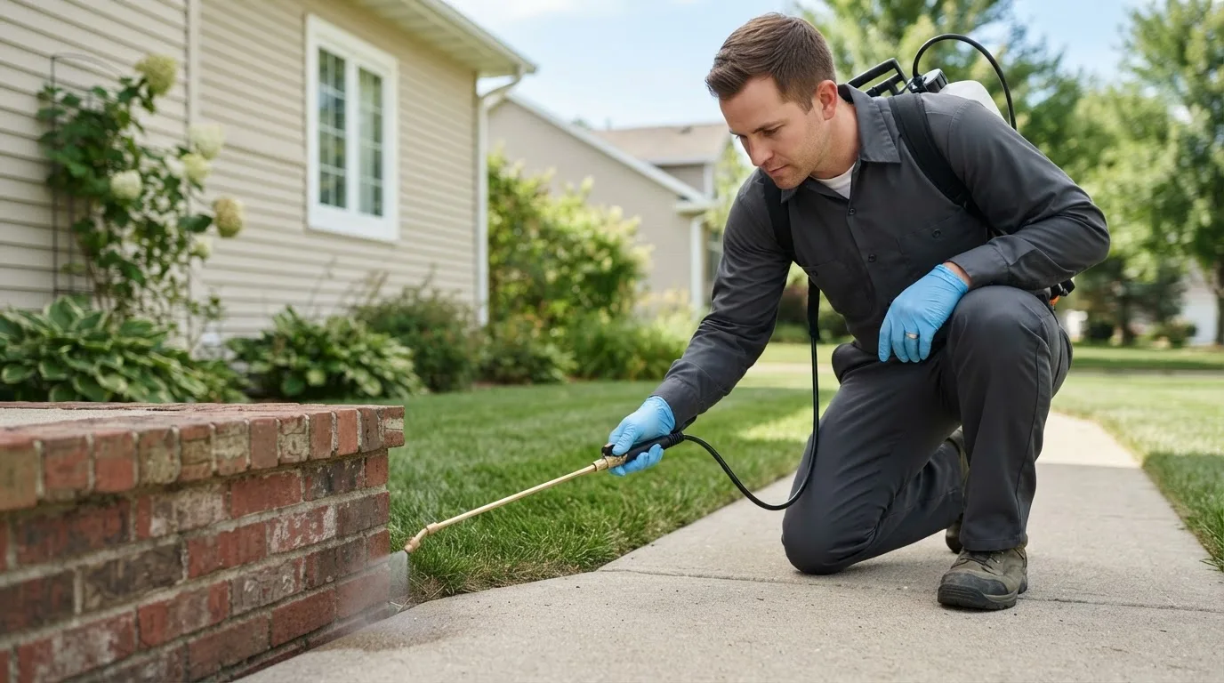 Pest control technician treating a home near Elk River, MN